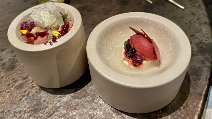 A visually appealing dessert presentation featuring two elegantly crafted dishes in small round bowls, garnished with flowers and vibrant ingredients.