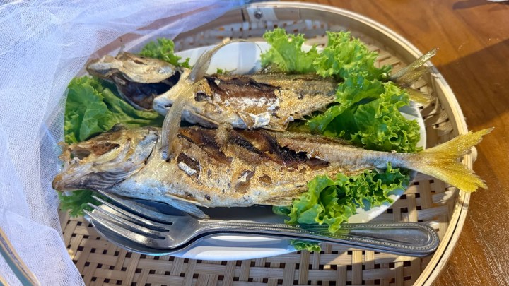 Grilled fish served on a plate with lettuce in a woven basket, accompanied by a fork.