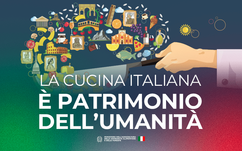 An artistic representation of Italian cuisine featuring various traditional foods and historical landmarks, with the text 'La cucina italiana è patrimonio dell'umanità' prominently displayed.