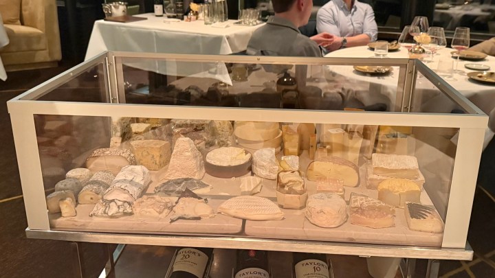 A display case filled with a variety of cheeses, showcasing different shapes and textures, with customers dining in the background.