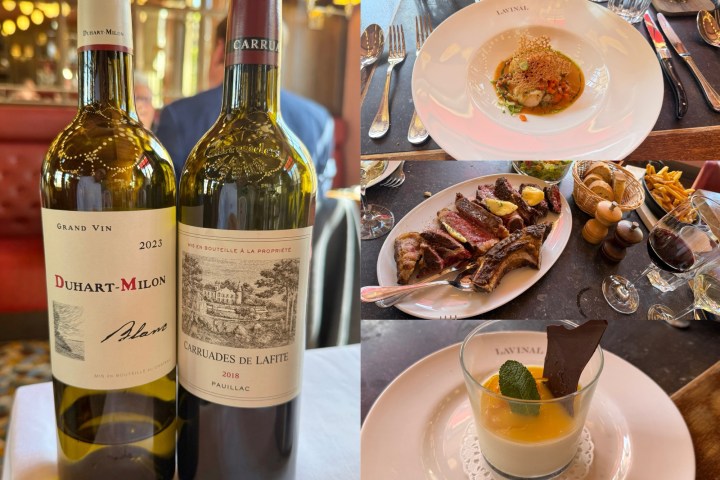 Two bottles of wine, Duhart-Milon 2023 and Carruades de Lafite 2018, displayed on a table.