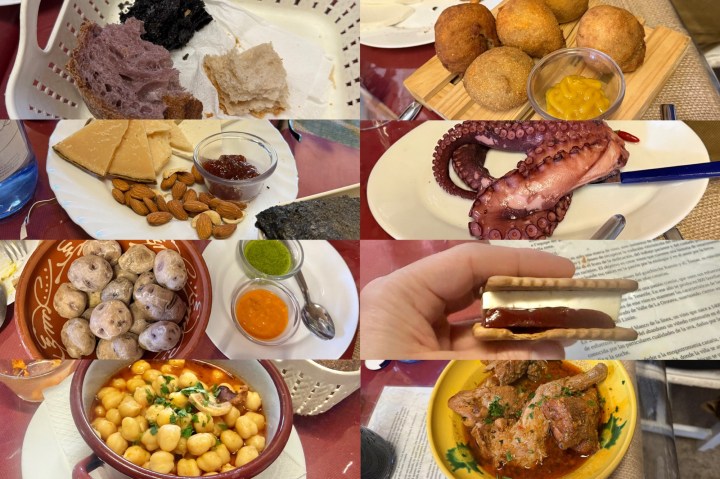 A variety of food items displayed on plates, including bread, sweets, nuts, and octopus.