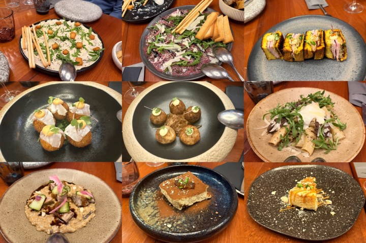 An array of gourmet dishes arranged on wooden tables, including a seafood salad, various appetizers with garnish, and a dessert featuring layers of sweet cream.