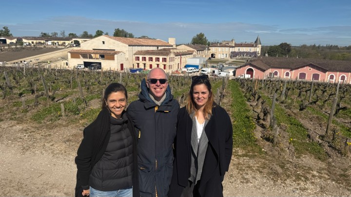 Three people standing in a vineyard with rows of grapevines and a winery building in the background under a clear blue sky.