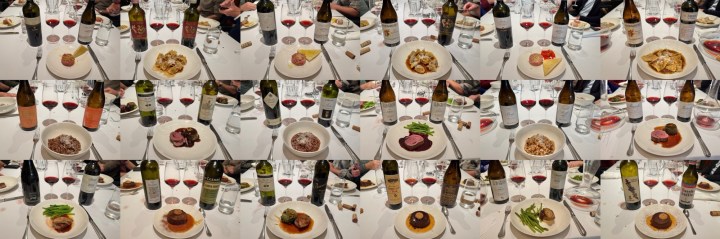 A collage of multiple plates featuring gourmet dishes served at a dining table, accompanied by various wine bottles and glasses filled with red wine.