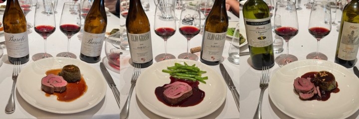 A dining table featuring three plates of gourmet dishes with wine bottles and glasses. The first plate shows sliced meat with sauce and a side dish, the second plate has meat paired with green beans, and the third plate presents another meat dish with a garnish.