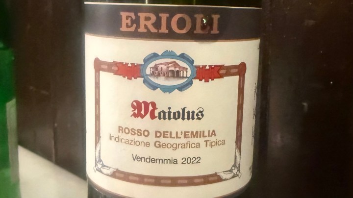 A close-up image of a wine bottle label featuring 'Maiolus' Rosso dell'Emilia, indicating it is a 2022 vintage from the Ercoli winery.
