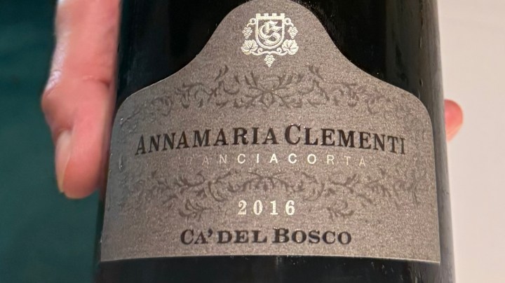 Close-up of a wine bottle label featuring 'Annamaria Clementi' from 2016, produced by Ca' del Bosco.