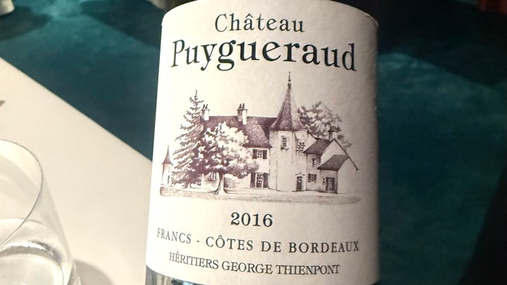 Label of Château Puygueraud wine bottle featuring the vintage year 2016 and the winery details.