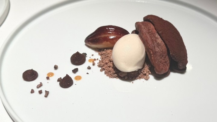 A plated dessert featuring chocolate mousse, a scoop of vanilla ice cream, and decorative elements including chocolate sauce and crumb, arranged artfully on a white plate.
