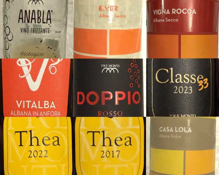 Collage of wine labels featuring various vintages and types including Anabla, E.Ver, Vigna Rocca, Doppio Rosso, Classe 33, Thea 2017, Thea 2022, and Casa Lola.