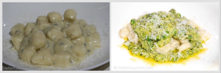 A plate of creamy gnocchi with a sauce, served in a white bowl.
