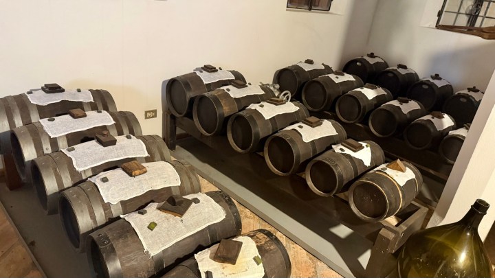 A series of wooden barrels with cloth covers and labels, arranged neatly in a cellar or storage area.