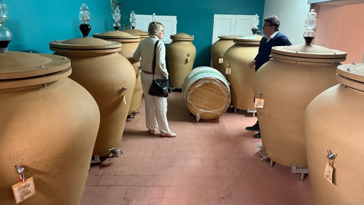 Two people exploring a room filled with large clay fermentation vessels, with one vessel lying on its side in the foreground and a blue wall in the background.