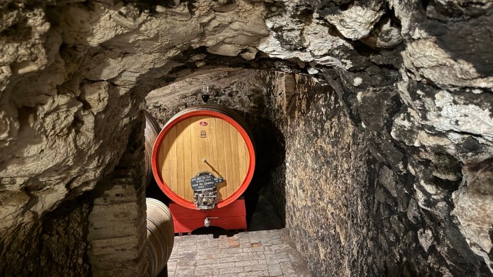 A dimly lit wine cellar featuring a large wooden barrel with a red rim, set against stone walls and a brick floor.