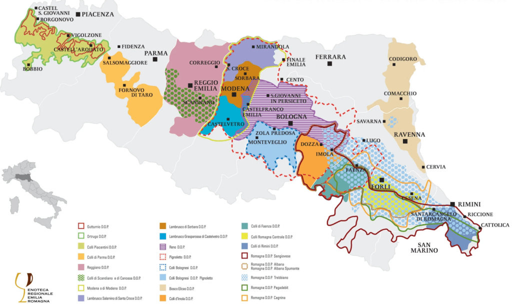 A detailed map of Emilia-Romagna, Italy, highlighting various wine regions and denominations, including areas like Modena, Bologna, and Forli, with color-coded sections representing different D.O.P. (Denominazione di Origine Protetta) wines.