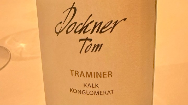 Bottle of Dockner Tom Traminer wine, labeled 'Kalk Konglomerat'.